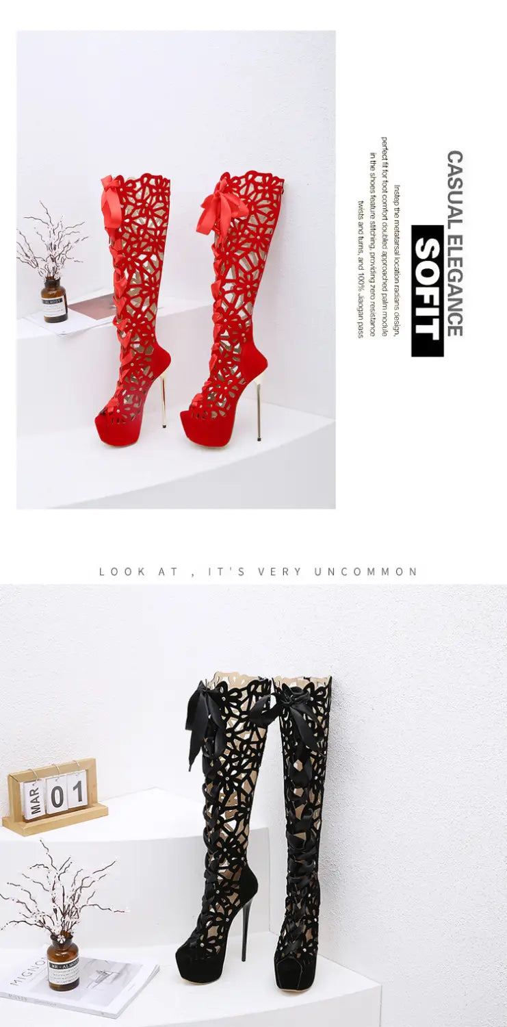 Black and red high-top lace-up peep toe high heels with decorative bows and over-the-knee design.