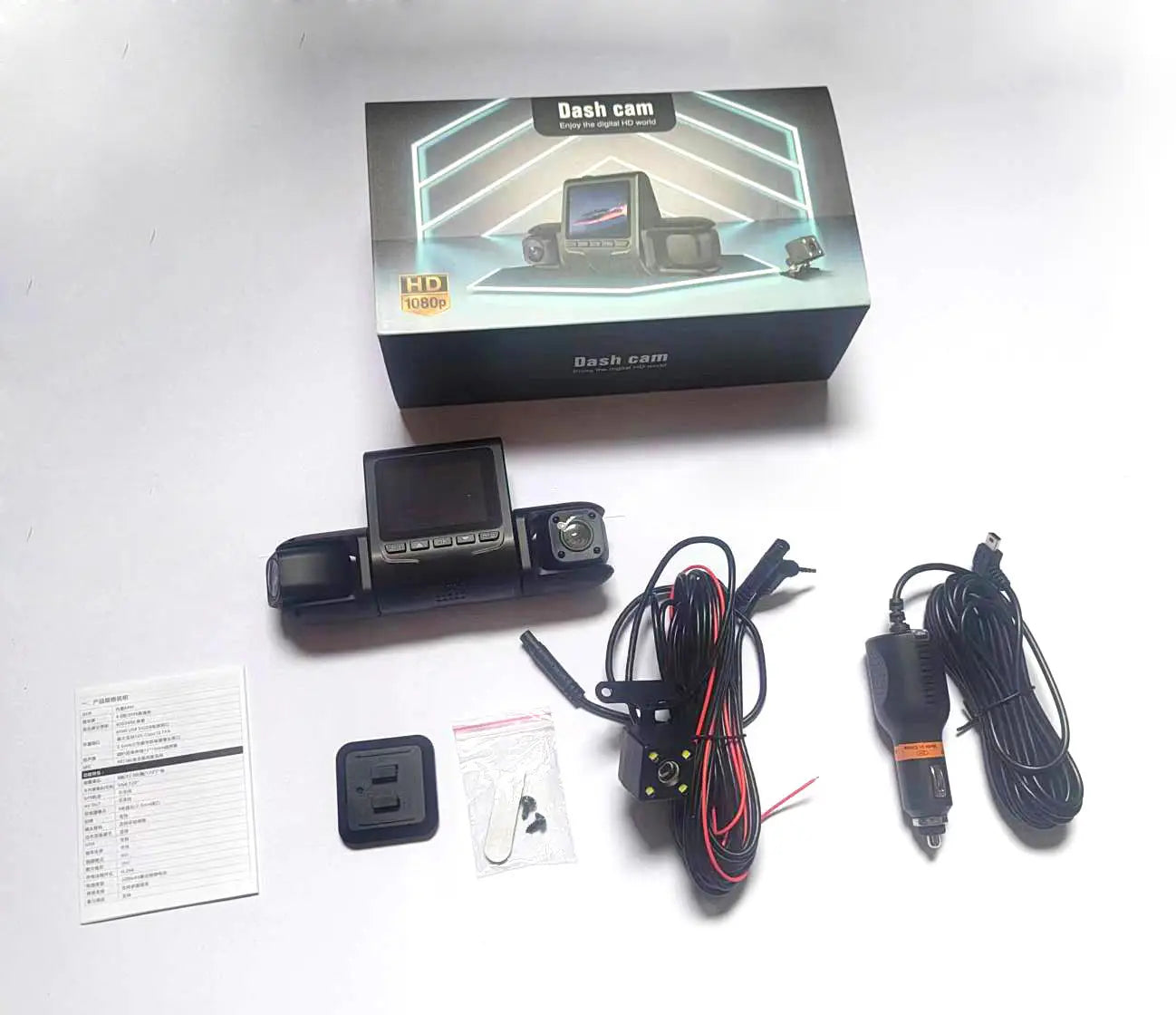black dual-lens dash cam with small screen and control buttons designed for three recording 1080p and rear car reversing display three recording use