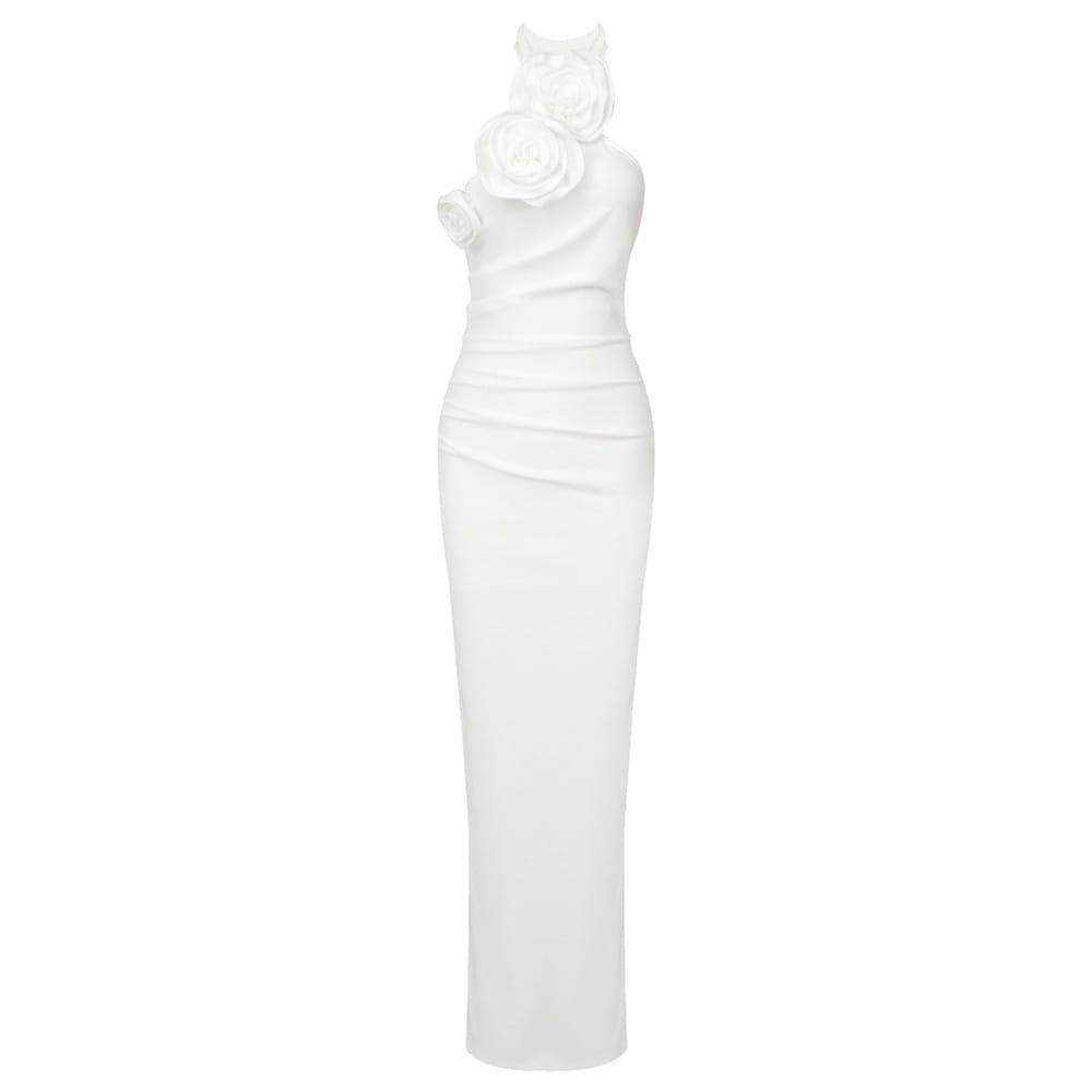A sleek white satin gown with a fitted silhouette and elegant ruching details featuring a white ribbon flower halter style.