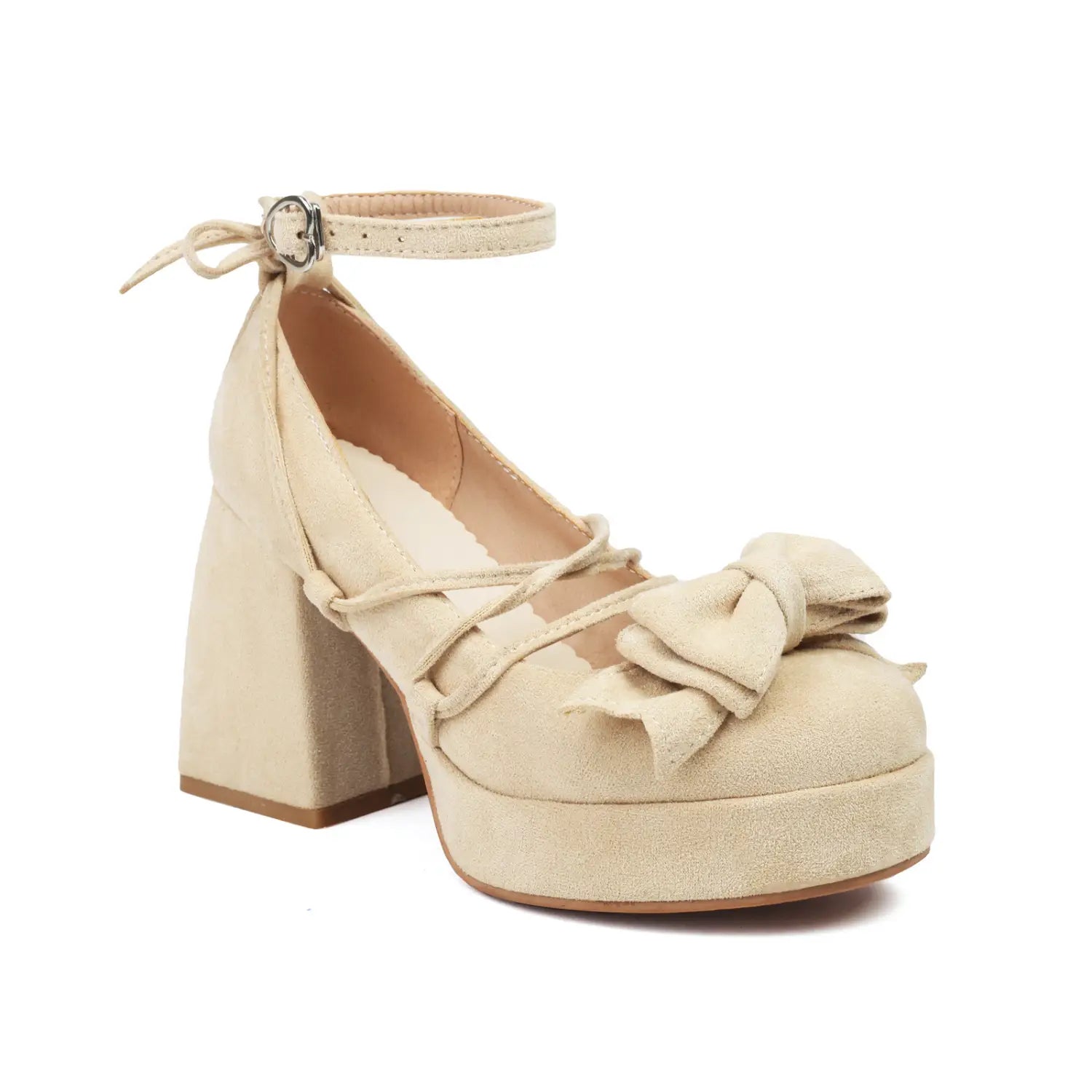 Beige suede platform lolita pump with an ankle strap and a small size bow on the toe in small size.