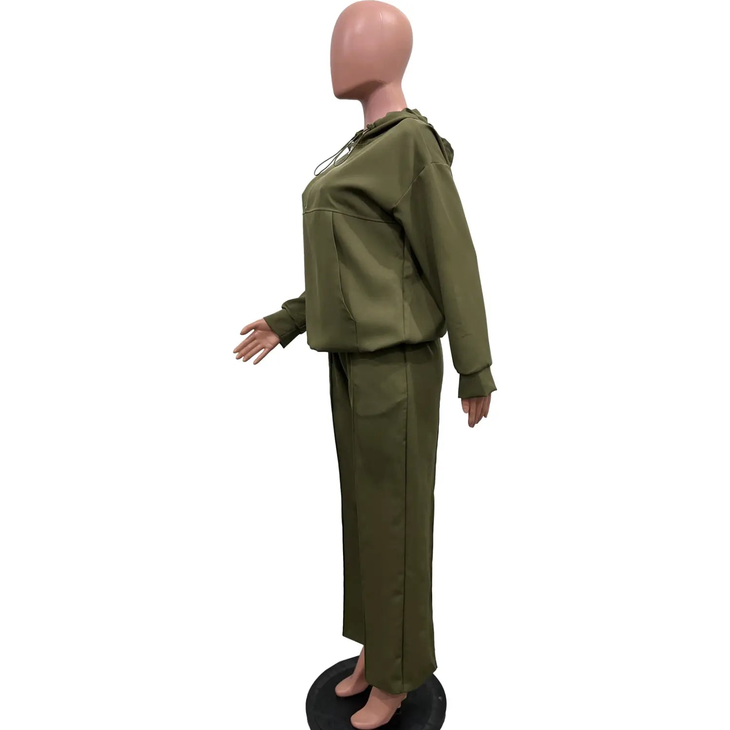 olive green solid color loose two-piece loungewear set featuring a color loose hooded top and matching wide-leg pants for comfortable casual wear