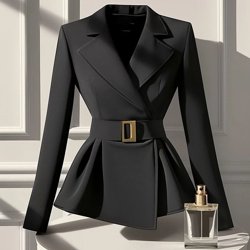 Black peplum blazer featuring a gold-toned rectangular belt buckle with an elegant socialite design sense.