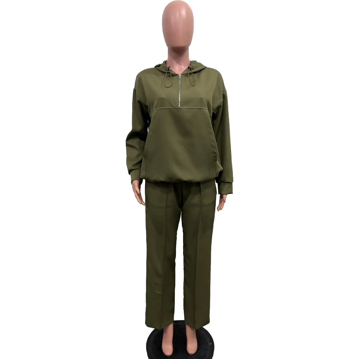olive green solid color loose hooded sweatsuit featuring a front zipper sweatshirt and matching pants suitable for casual wear
