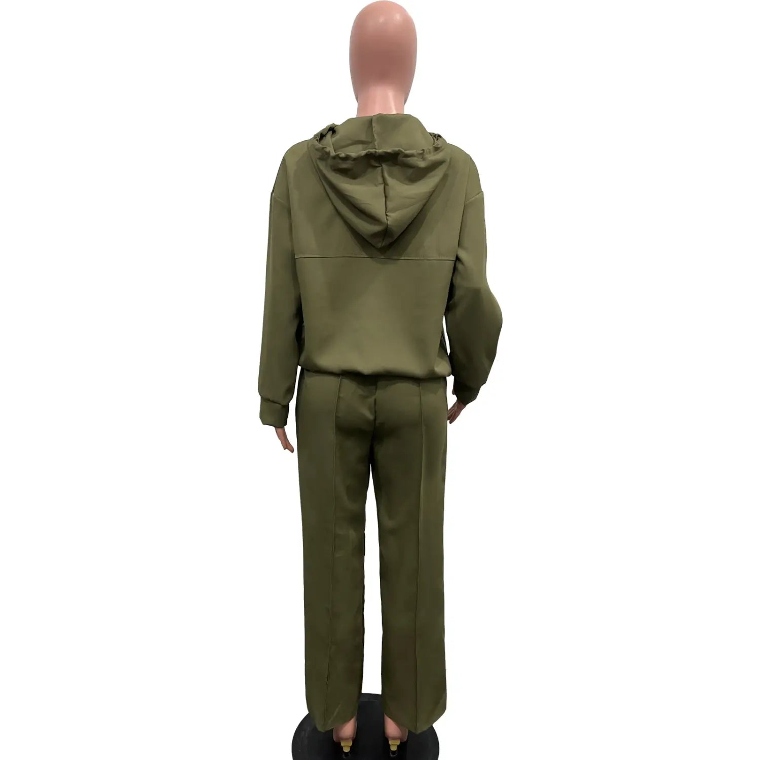 olive green solid color loose hooded sweatshirt and matching pants sweatsuit set designed for casual wear