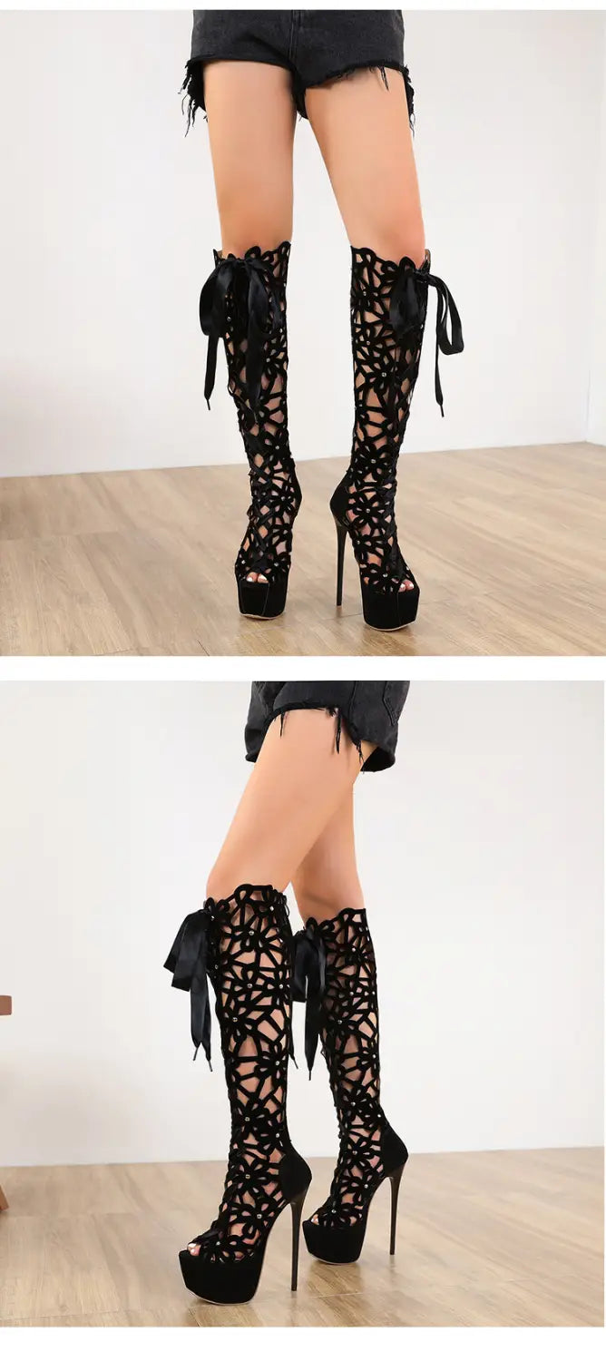 black lace knee-high platform boots with tied bow details showcasing high-top lace-up peep toe high heels design