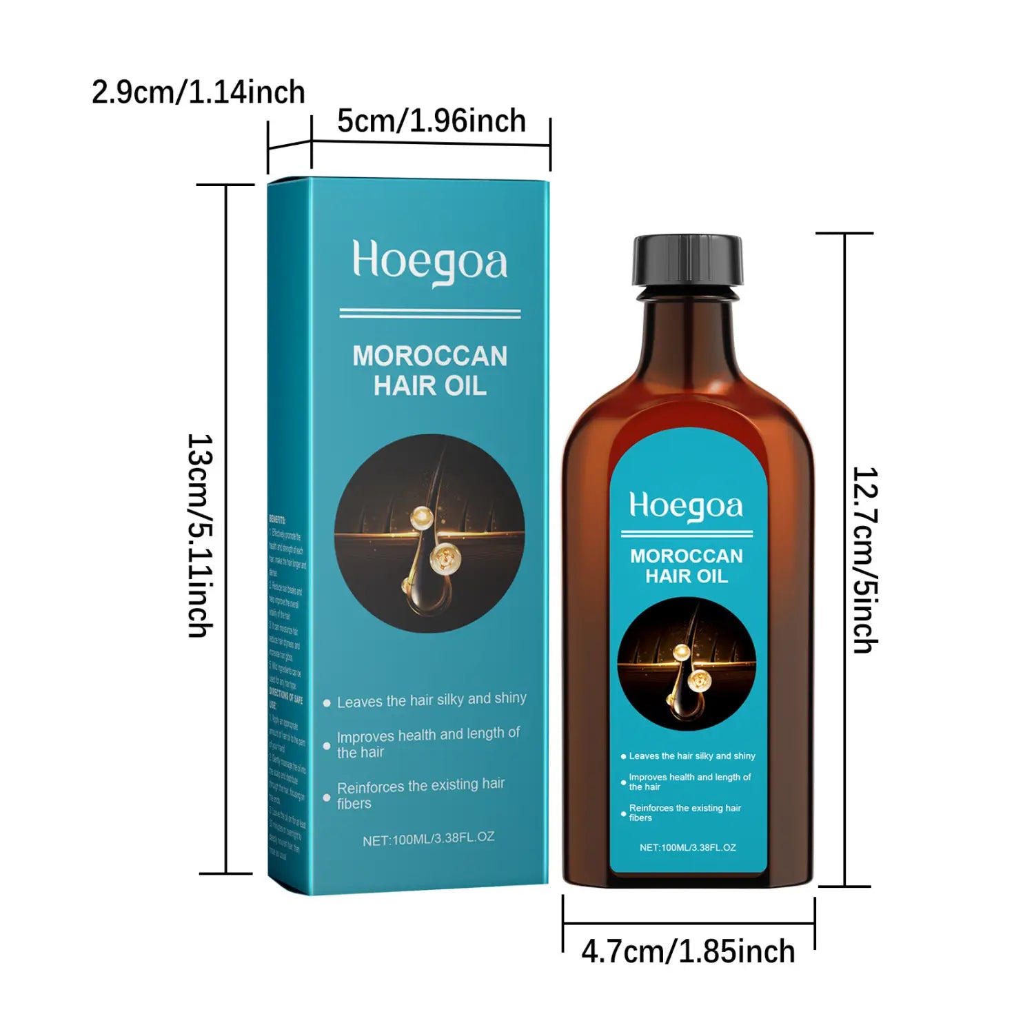 Hoegoa moroccan hair oil in a dark amber glass bottle with a black cap next to its teal cardboard packaging for moroccan hair care and smooth waves.