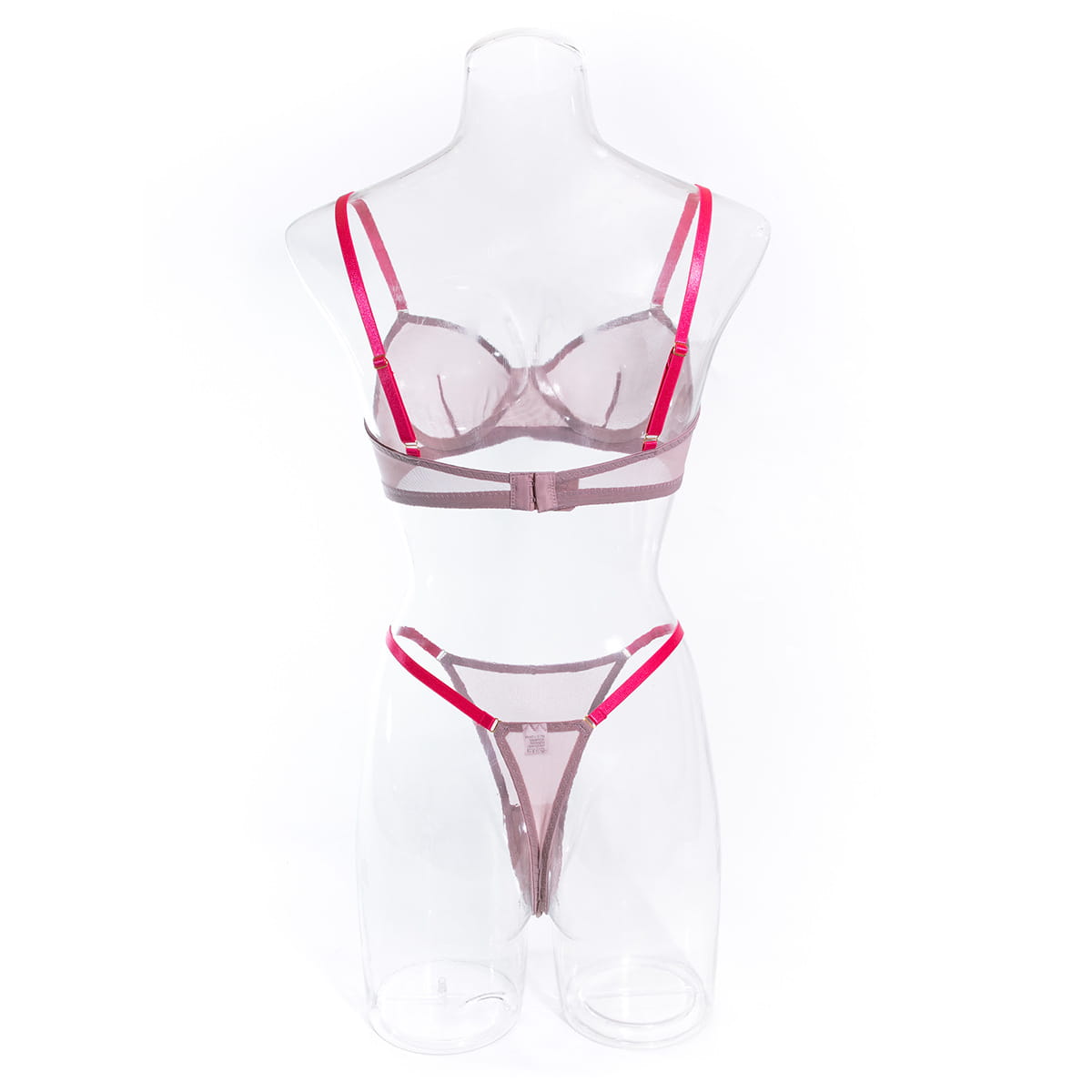 lavender and pink see-through two-piece set featuring transparent mesh lingerie with vibrant pink straps and comfortable fabric in a sleek modern design.