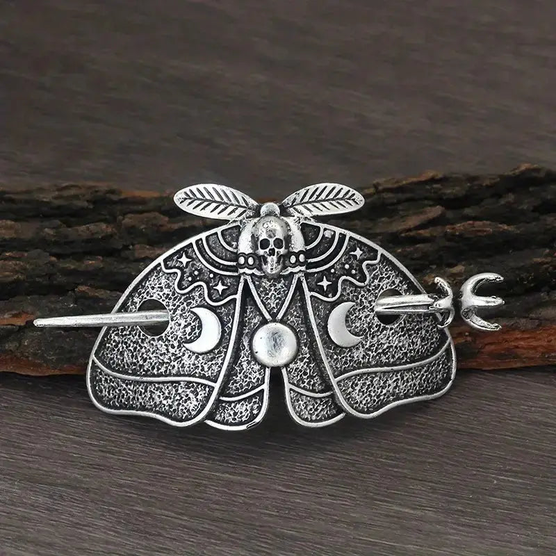 silver moth hairpin with intricate skull head and crescent moon wing motifs crafted from alloy, a unique female viking barrettes animal accessory in silver.