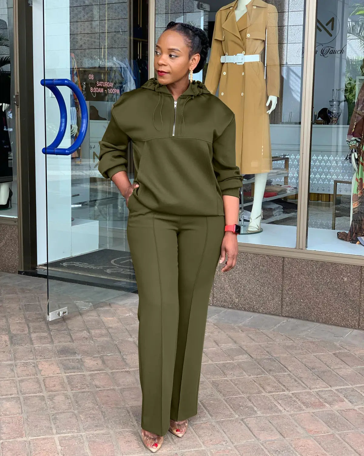 olive green solid color loose hooded sweatsuit with zipper detail featuring a hoodie and matching pants set designed for comfort and casual wear