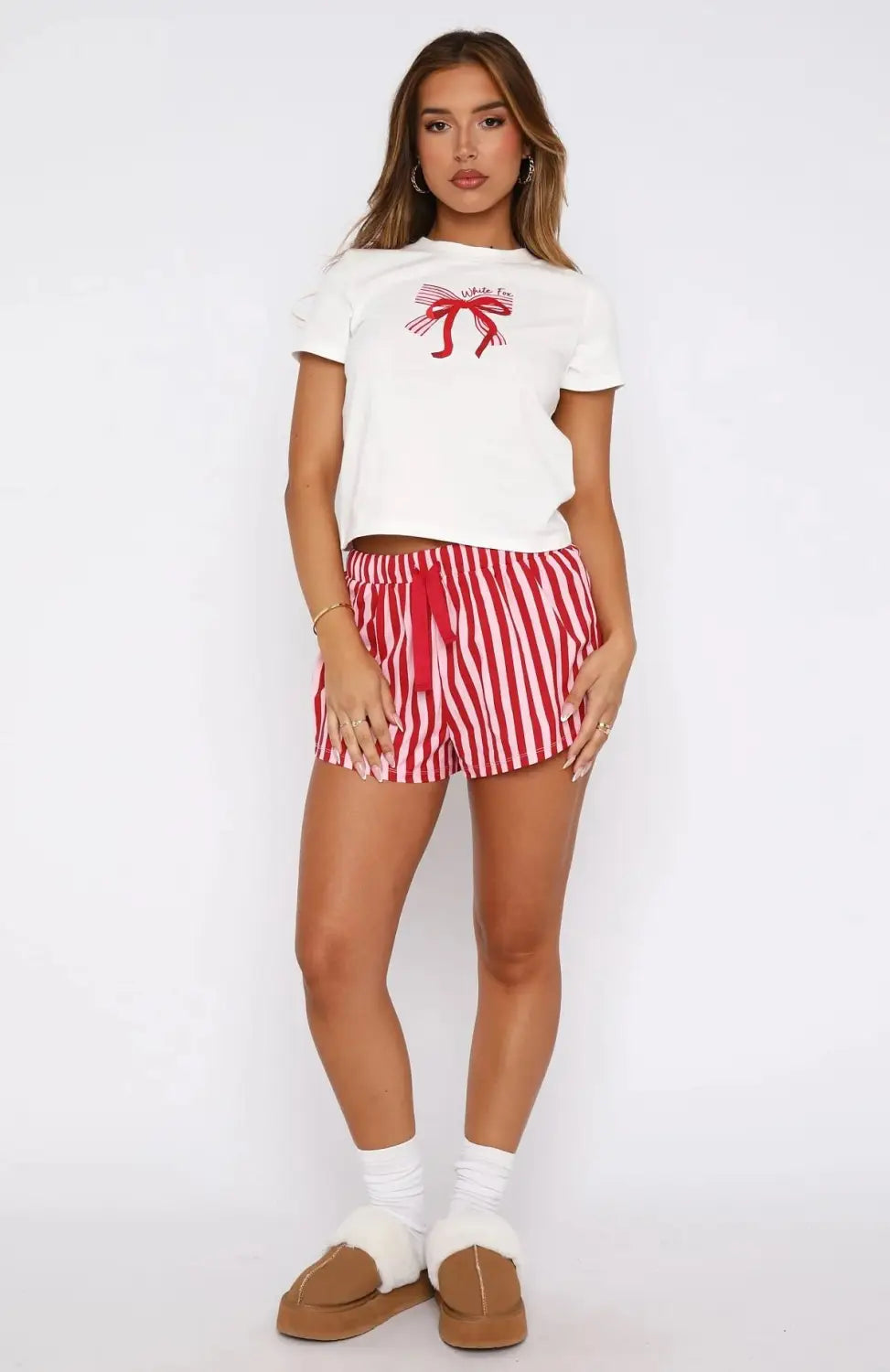 white t-shirt with red embroidered bow design as part of the white fox shorts sweetheart pajamas printing suit for comfortable sleepwear
