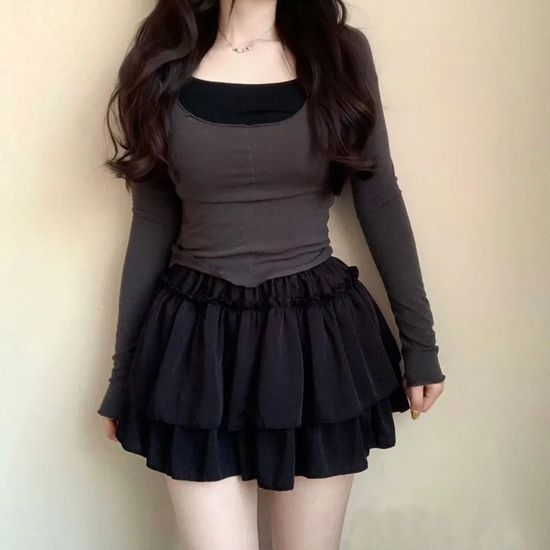 black ruffled tiered mini skirt and matching long-sleeved top from the pure desire style pettiskirt slimming ballet skirt collection.