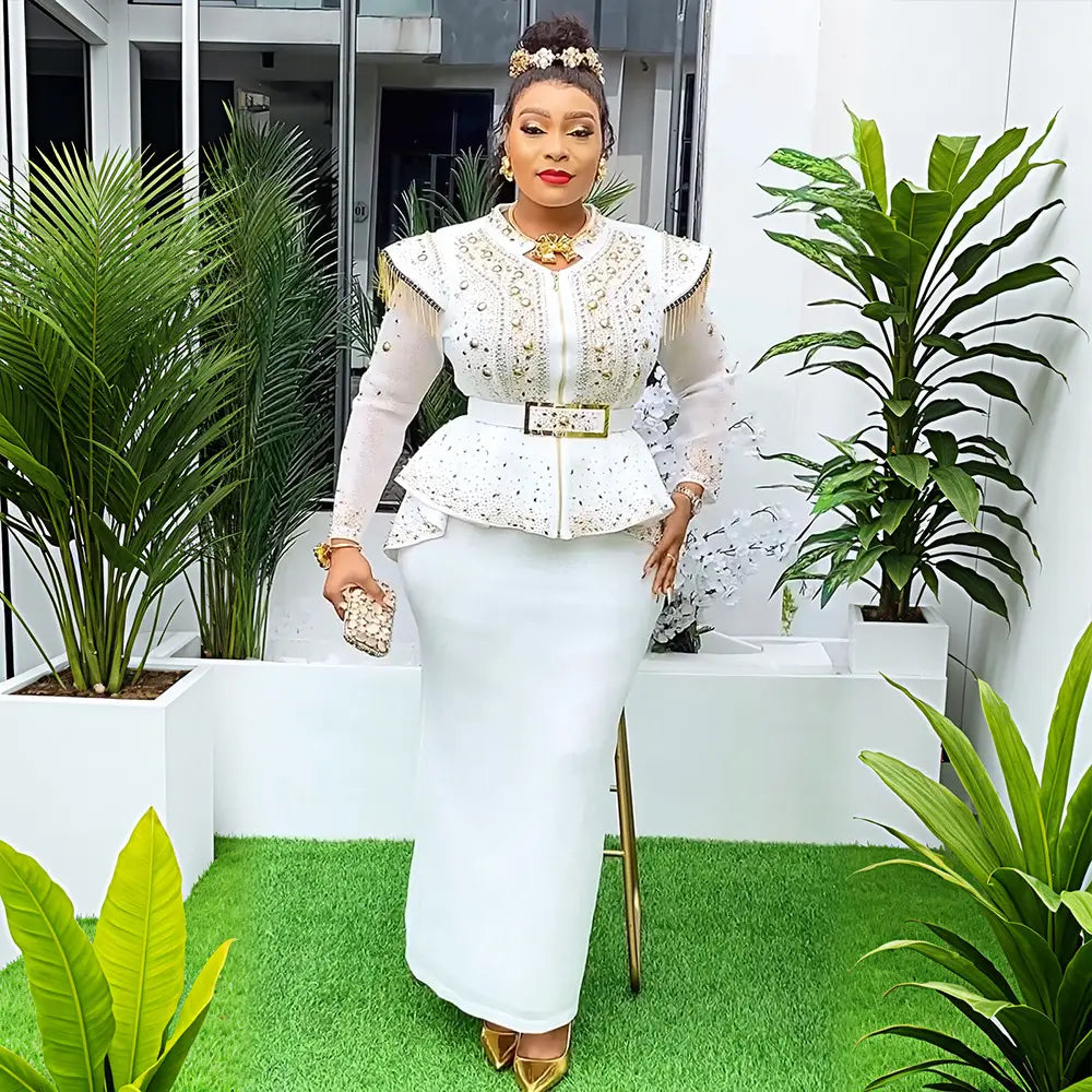 white beaded peplum top with gold accents and sheer long sleeves in a solid color hot drilling plus size two piece set