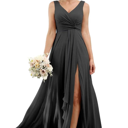 RSOETOO Pleated Bridesmaid Dresses for Women with Slit Black Long Formal Party Dress with Pockets Plus Size US22W