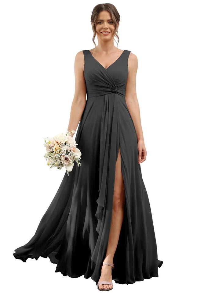 RSOETOO Pleated Bridesmaid Dresses for Women with Slit Black Long Formal Party Dress with Pockets Plus Size US22W