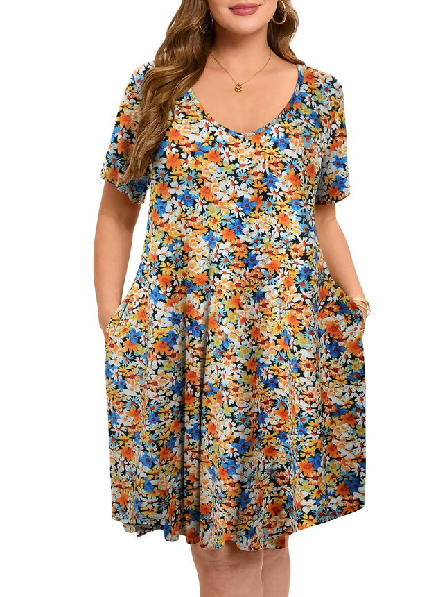 ZENNILO Womens Plus Size Swing Dress with Pockets Casual Summer Dresses V Neck Short Sleeve T Shirt Dress for Women