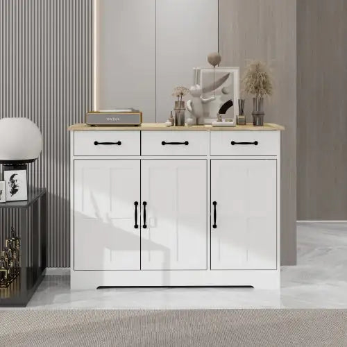 Farmhouse Buffet Cabinet Storage Sideboard With 3 Drawers And 3 Doors For Dining Room, Living Room, Kitchen Cupboards - White - Royalessencelux