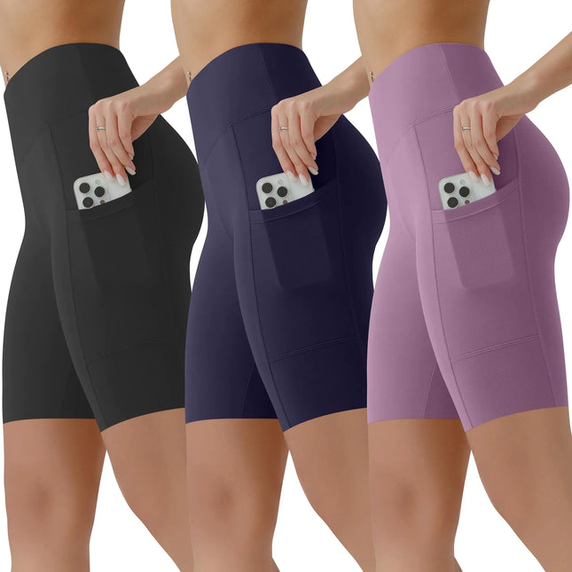 SUNCLOVE 3 Pack Biker Shorts for Women Tummy Control Workout Yoga Gym Running Shorts with Pockets