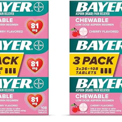 Bayer Aspirin Low Dose 81 mg Chewable Tablets Pain Reliever Cherry Flavored 216 Tablets (6 Pack) - Royalessencelux