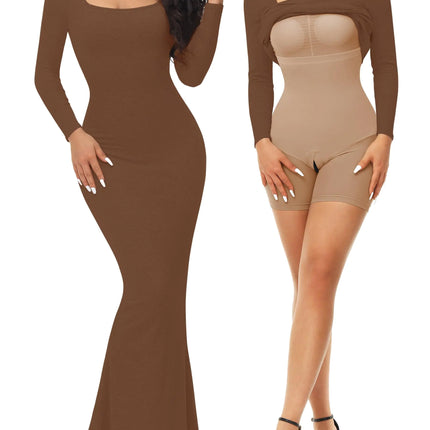 Fengbay Shapewear Dress for Women Bodycon Dress with Built in Shapewear Shaper Dress Square Neck Lounge Long Dress