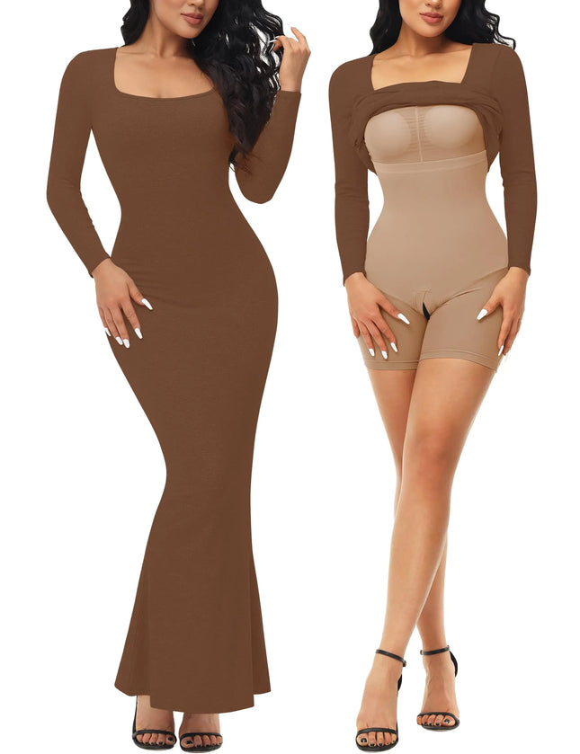 Fengbay Shapewear Dress for Women Bodycon Dress with Built in Shapewear Shaper Dress Square Neck Lounge Long Dress