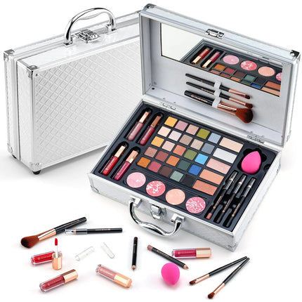 Makeup Kit for WomenAll in One Makeup Gift Set for Girls in Cosmetic Train Case (White) With MirrorFull Starter Cosmetic Kit Includes Eyeshadow PaletteLipglossBlushes - Royalessencelux