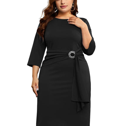 KIMCURVY Plus Size 3/4 Sleeve Elegant Dress for Women Pencil Formal Dress Cocktail Summer Funeral Dresses Black 24W