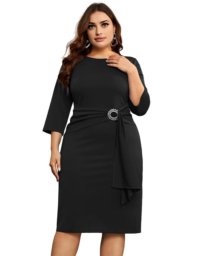 KIMCURVY Plus Size 3/4 Sleeve Elegant Dress for Women Pencil Formal Dress Cocktail Summer Funeral Dresses Black 24W