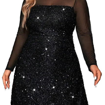 826 - Women Plus Size Long Mesh Sleeves Yoke Sequin Sewing Evening Party Prom Cocktail Dress (Mesh Black 5X)