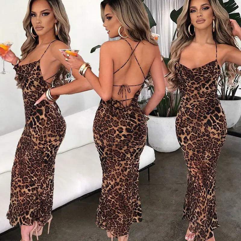 A form-fitting, long-sleeved leopard printed lace up slim fit long dress with a plunging neckline and back tie details.