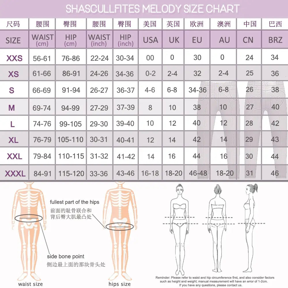 Shasculifties melody size chart for the royal golden leather two pieces set displaying measurements in multiple global sizing systems with anatomical diagrams for waist and hip measurement guidance.