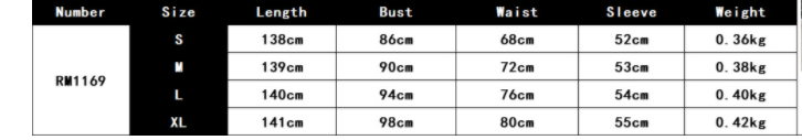 The size chart for the rm1169 one shoulder lace long sleeve wedding dress displays measurements in centimeters for sizes s through xl.
