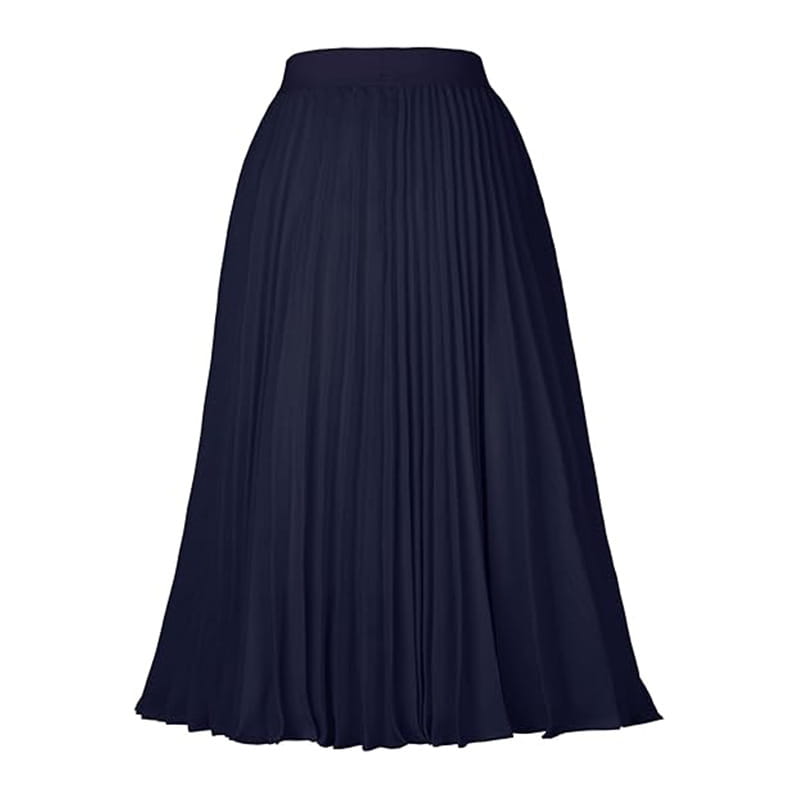 A navy blue pleated midi large swing casual skirt made of smooth flowing fabric with evenly spaced vertical folds.