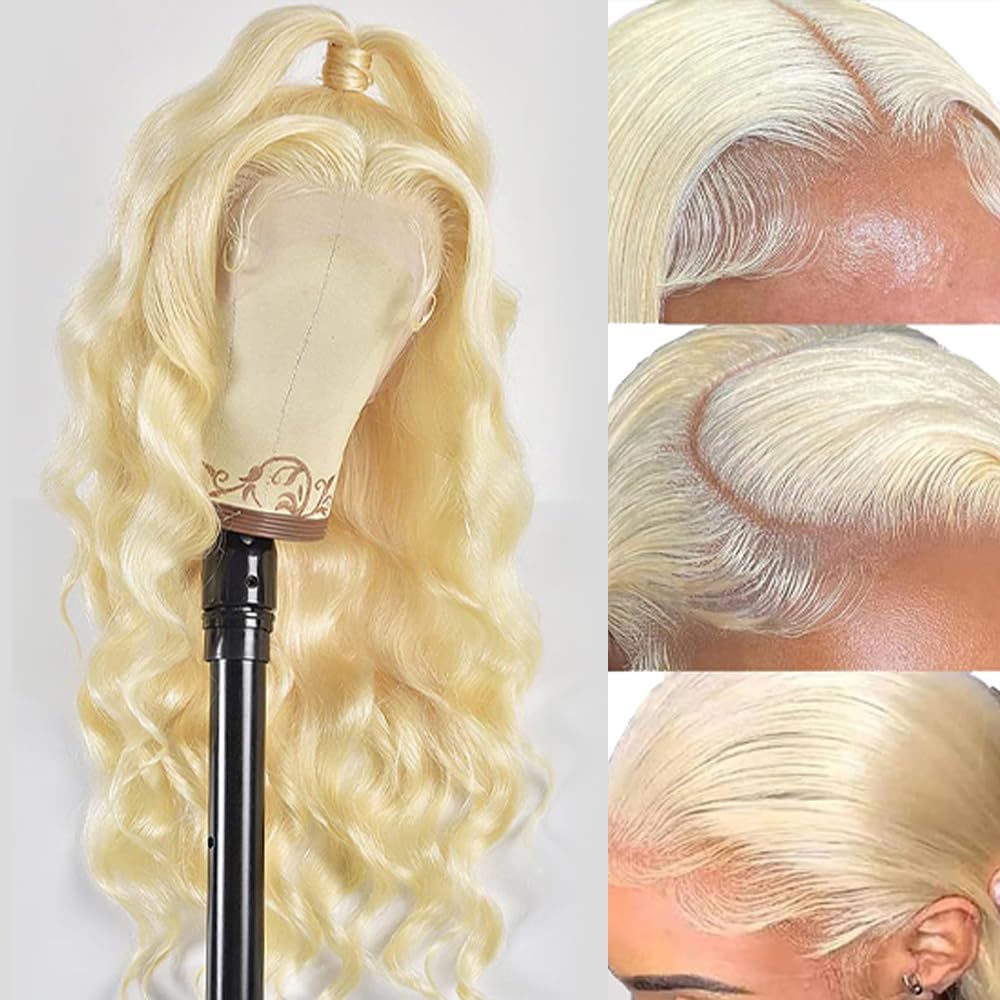 Golden long curly synthetic lace front wig with side bangs – view 5