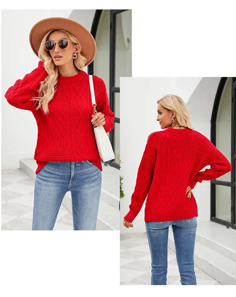 Vibrant red solid color cable-knit pullover sweater fall featuring a cozy textured pattern and long sleeves ideal for sweater fall winter wear.