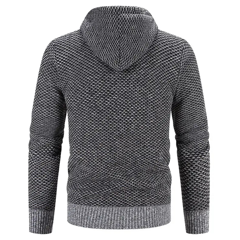 a textured gray knit hoodie winter coat with zipper closure solid plush material and ribbed cuffs