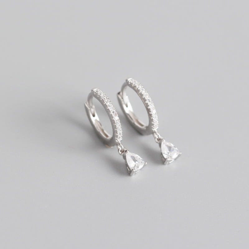 silver hoop earrings in french style wind design featuring black zirconia clear crystals and dangling pear-shaped crystal drops