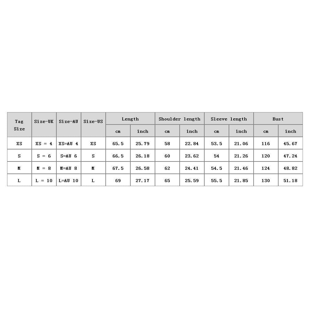 A detailed size chart table showing measurements in centimeters and inches for xs to l tag sizes in uk au and us standards for the white glitter lips pocketed long sleeve sweatshirt.