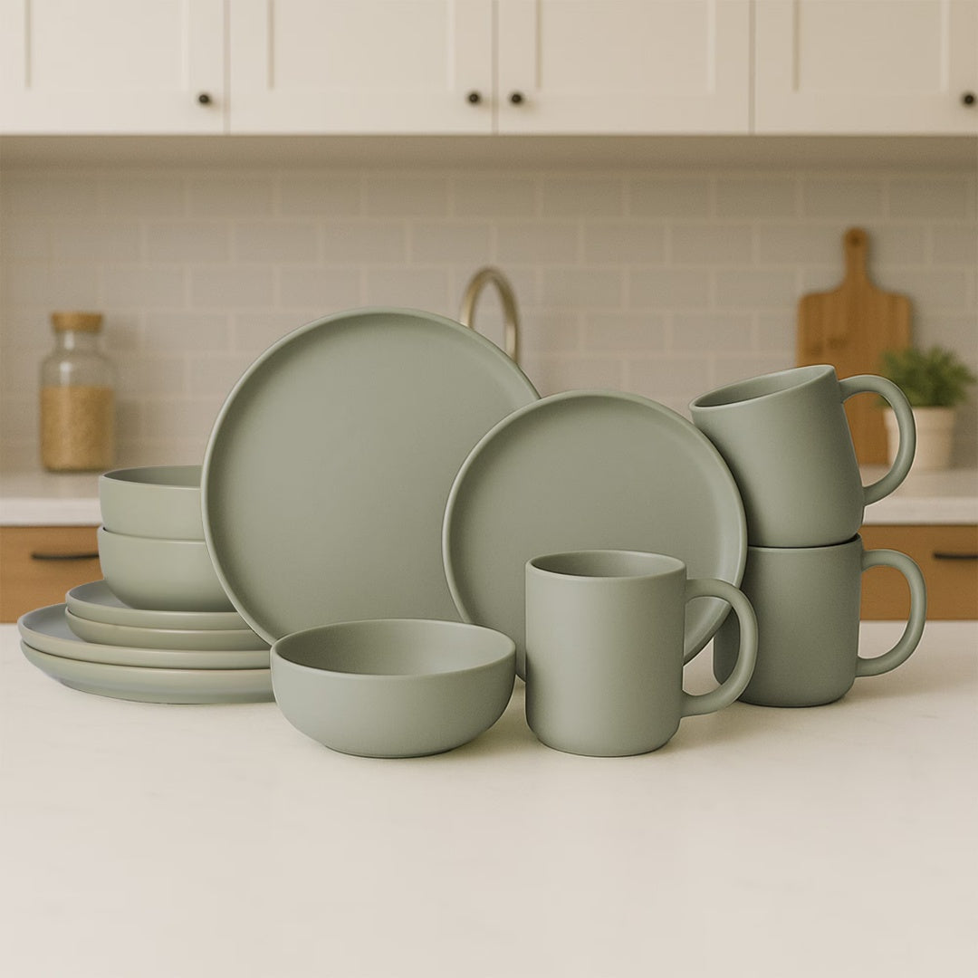 12-Piece Matte Stoneware Dinnerware Set with Mugs - Plates, Bowls & Mugs, Microwave & Dishwasher Safe