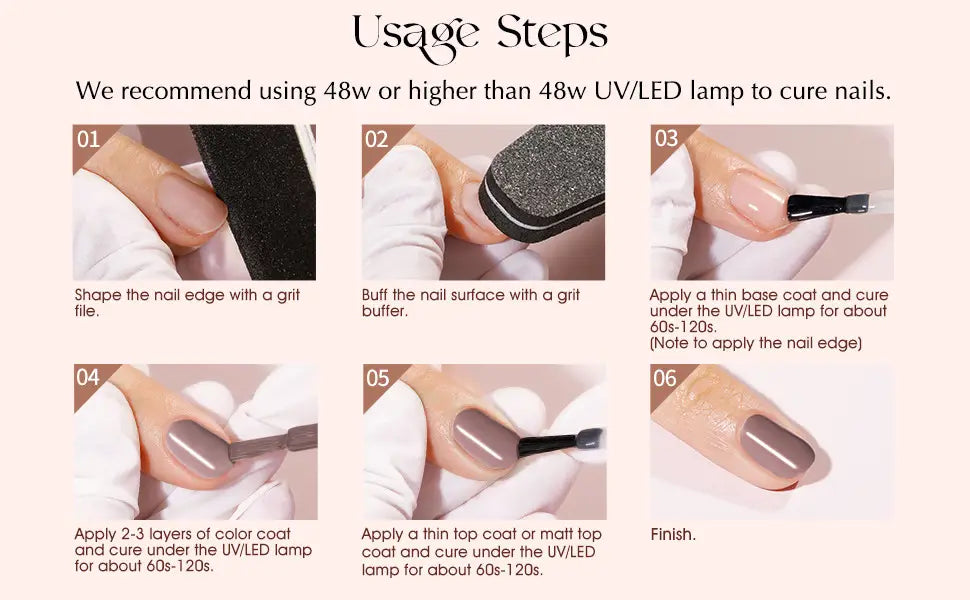 the image displays a step-by-step guide for applying gel polish in six numbered stages with close-up shots of hands using a 38 piece gel polish set with 35 colors and a glossy finish.