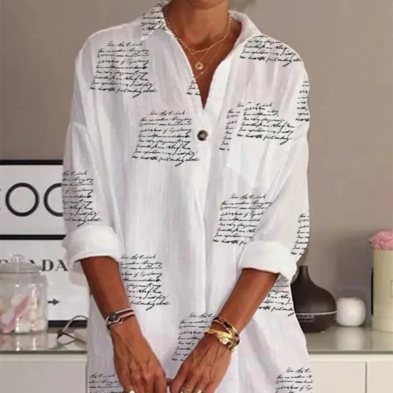 white button-up shirt dress featuring black cursive letter printed slim design in lightweight fabric for a stylish printed slim shirt dress look