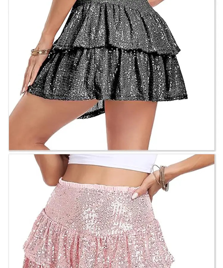 red two tiered sequin dance skirt featuring a shimmering two-toned black and pink performance sequin fabric with a tiered ruffle design and elastic waistband for comfort