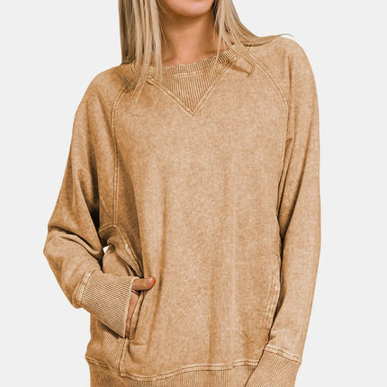 Zenana Pocketed Round Neck Sweatshirt - Royalessencelux