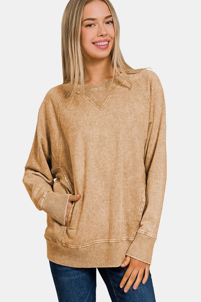 Zenana Pocketed Round Neck Sweatshirt - Royalessencelux