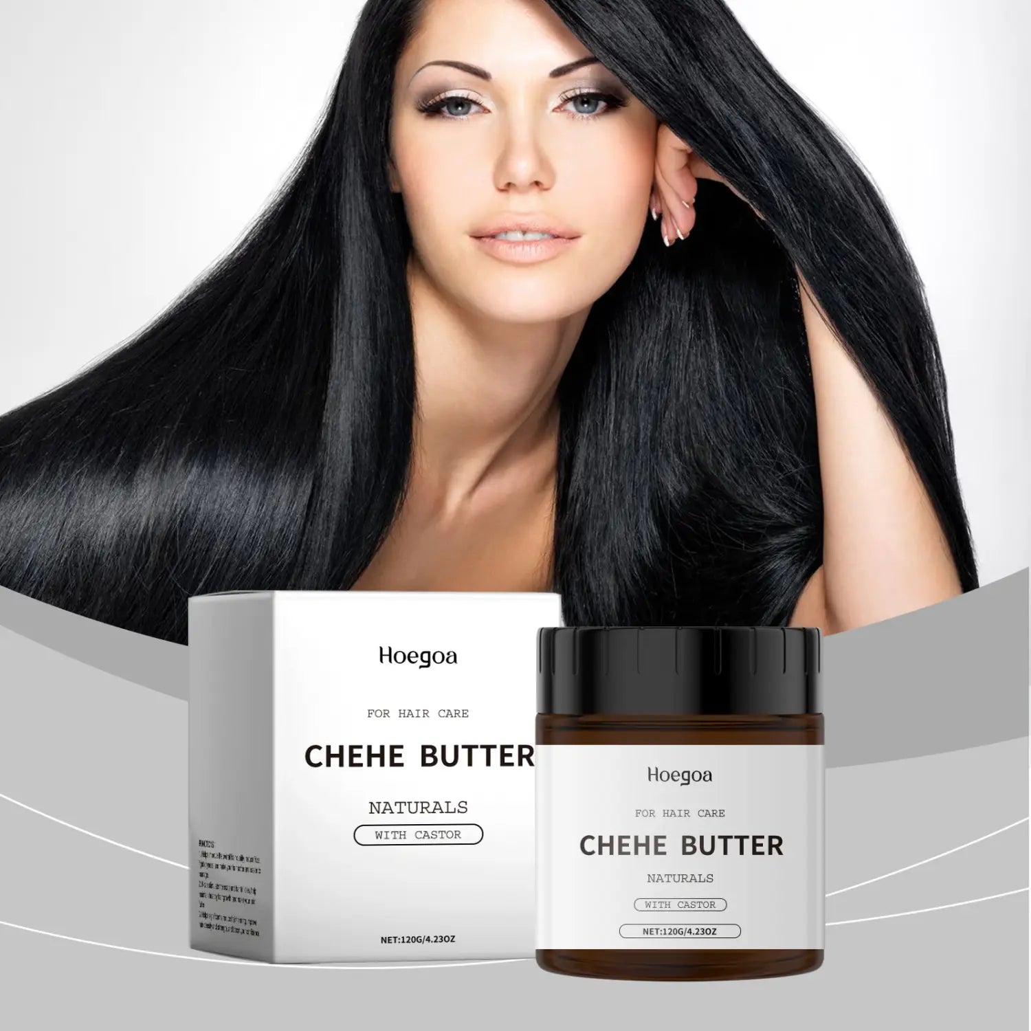 Hoegoa chehe castor oil hair care mask nourishing treatment in a sleek white-labeled jar with black lid presented alongside its matching box.