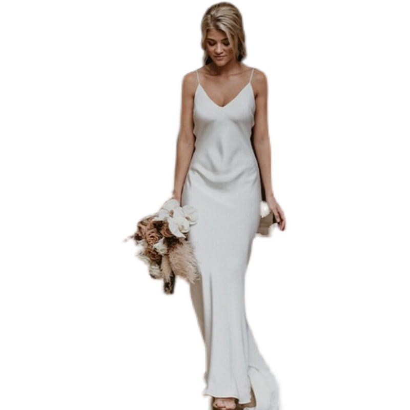a white satin evening gown with a flowing slip dress design featuring thin spaghetti straps and a flattering v-neckline in a train brigade shot long view