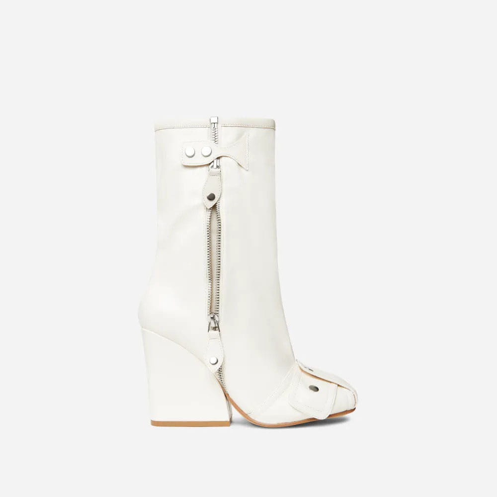 white patent leather high heel short tube boots with chunky heel and zipper closure