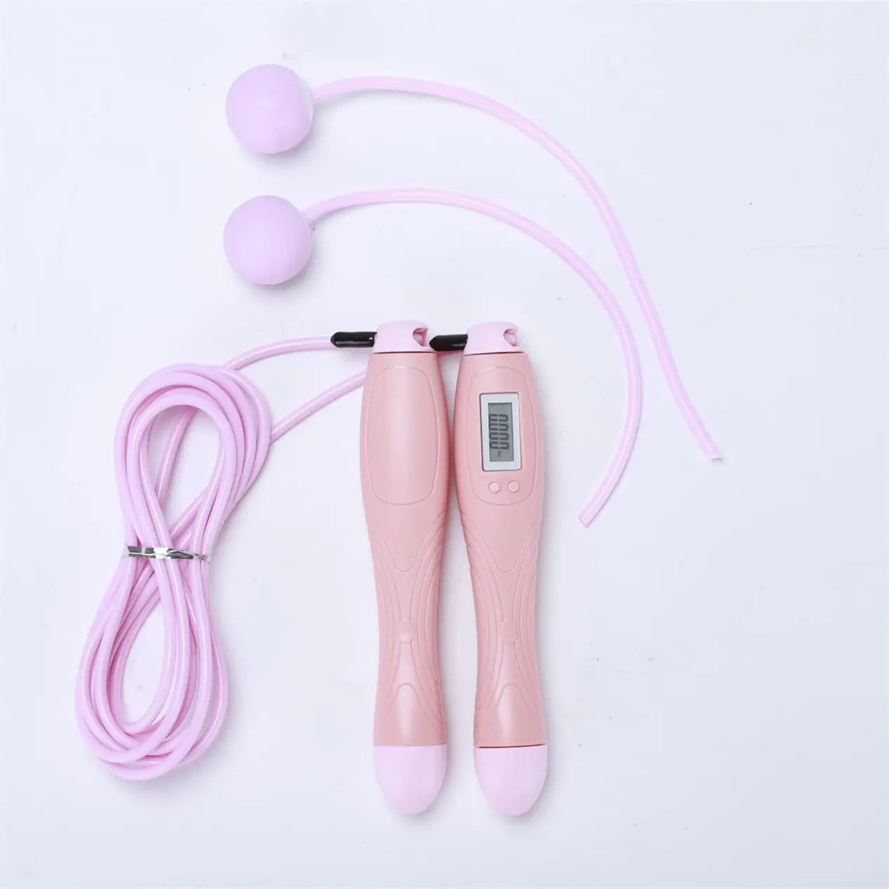 pink cordless electronic skipping rope with textured handles and matching spherical ends designed for efficient skipping rope workouts