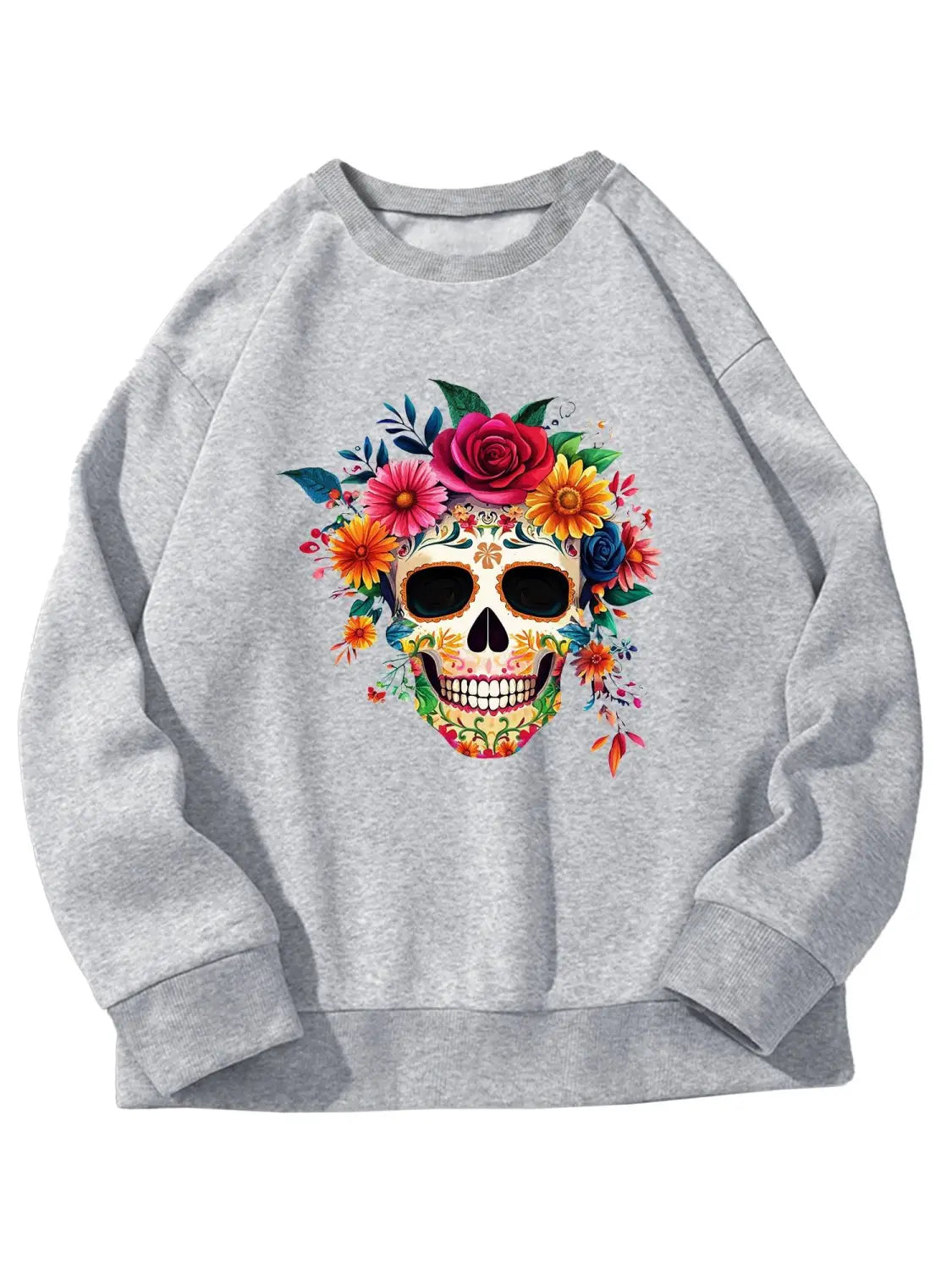 Gray crew neck sweatshirt for daily wear featuring a vibrant colorful floral skull design with roses and blossoms in pink, orange, yellow, and blue.