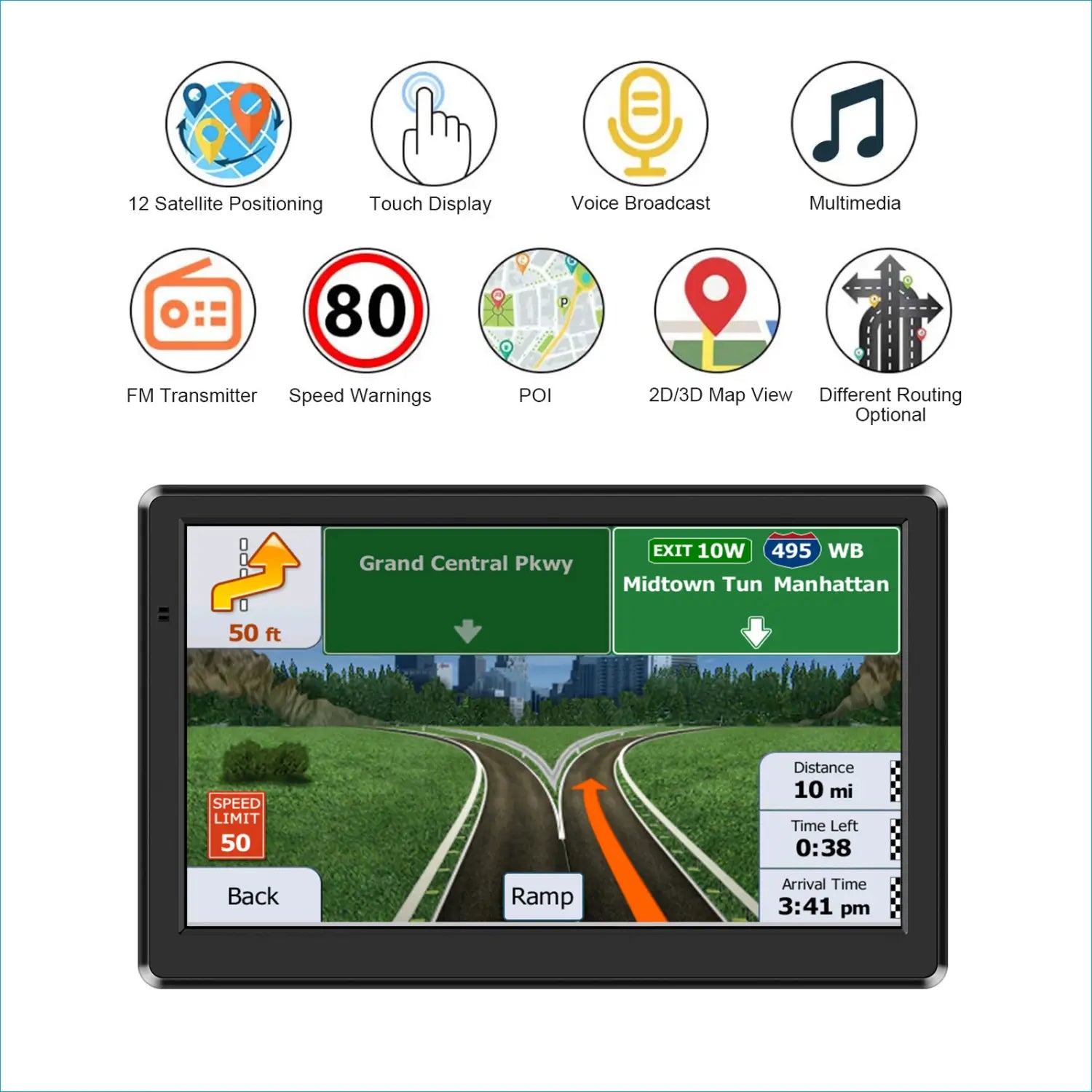 Black rectangular portable 7-inch on-board gps navigator for car wagon with touchscreen displaying road directions and route information.