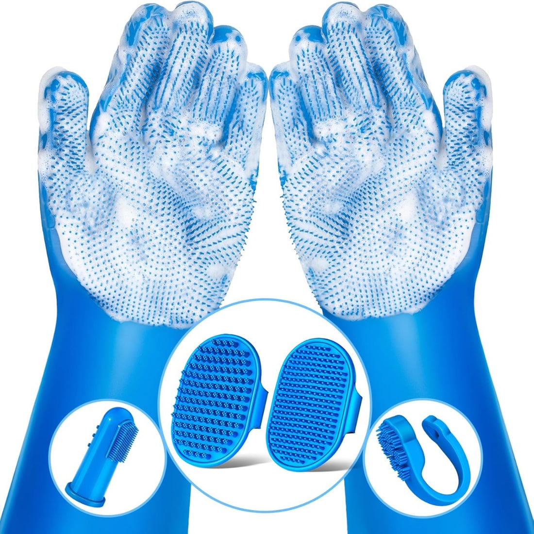 6-piece silicone pet grooming kit with bath gloves, brushes and finger toothbrushes – view 1